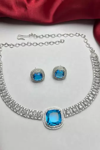 blue topaz cz diamond necklace earrings set, silver plated cushion cut bridal jewellery