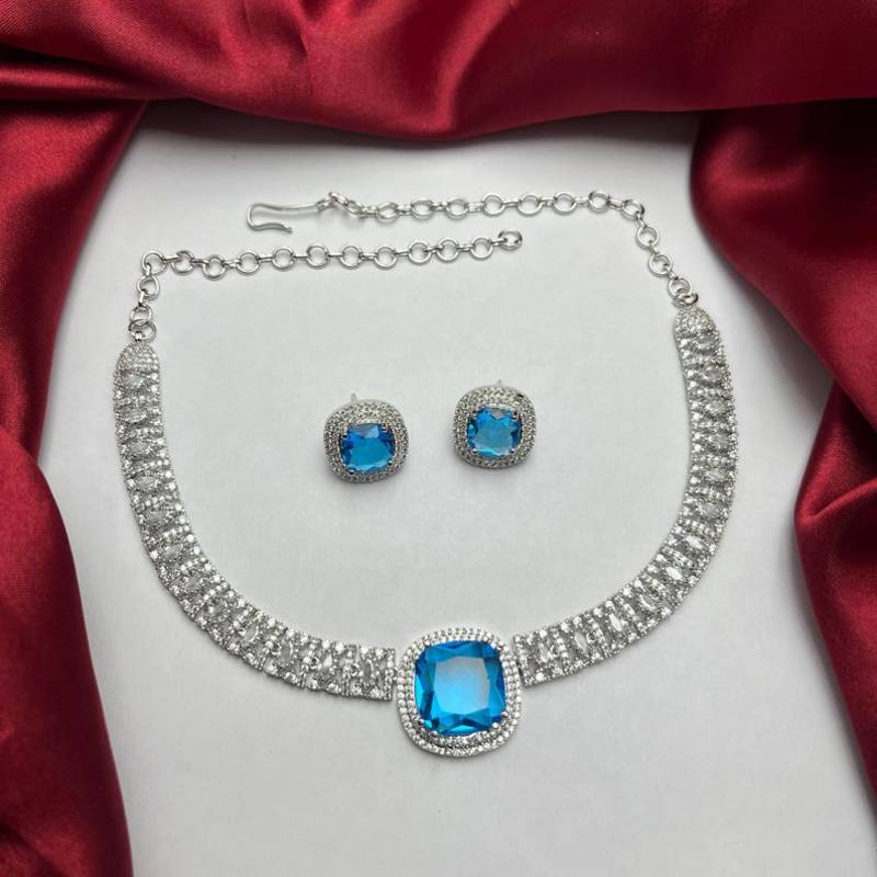 blue topaz cz diamond necklace earrings set, silver plated cushion cut bridal jewellery