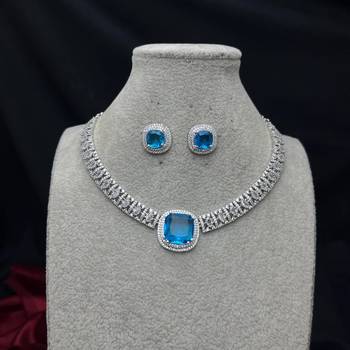 blue topaz cz diamond necklace earrings set, silver plated cushion cut bridal jewellery 3