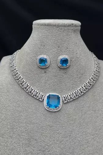 blue topaz cz diamond necklace earrings set, silver plated cushion cut bridal jewellery