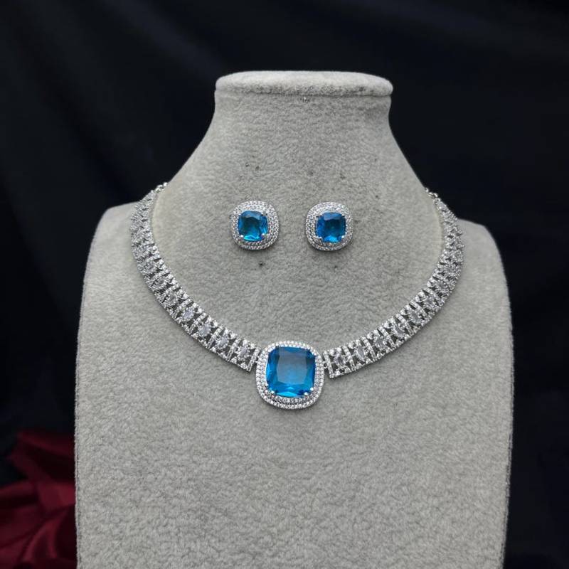 blue topaz cz diamond necklace earrings set, silver plated cushion cut bridal jewellery
