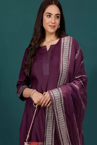 Floral printed cotton round neck kurta trouser & dupatta set