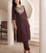 Women Embroidered Sequinned Kurta with Trousers