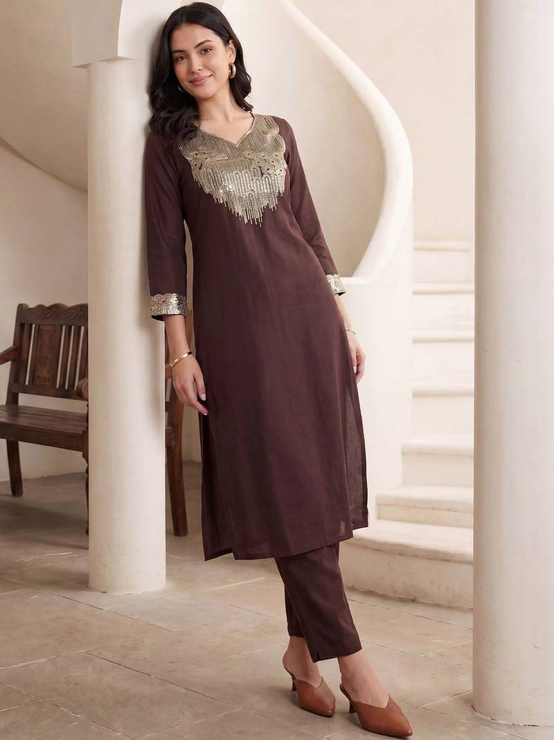 Women Embroidered Sequinned Kurta with Trousers
