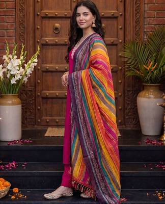 Women Ethnic Motifs Embroidered Thread Work Kurta with Trousers & With Dupatta 1