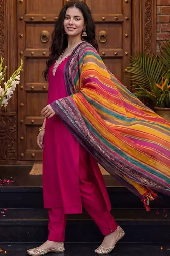 Women Ethnic Motifs Embroidered Thread Work Kurta with Trousers & With Dupatta