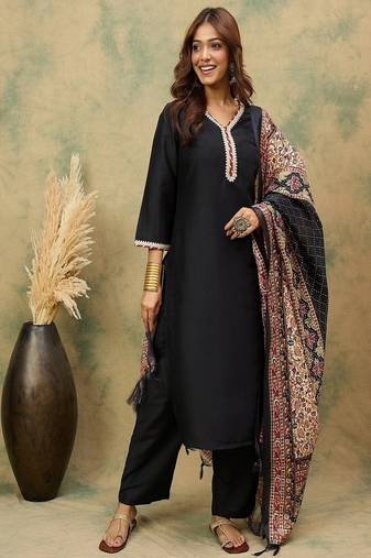 Floral embroidered cotton v neck kurta trouser & dupatta set