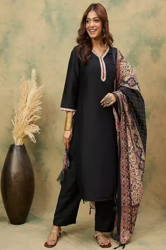 Floral embroidered cotton v neck kurta trouser & dupatta set