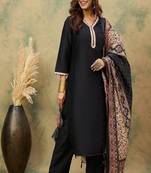 Floral embroidered cotton v neck kurta trouser & dupatta set