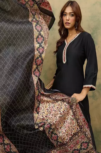 Floral embroidered cotton v neck kurta trouser & dupatta set