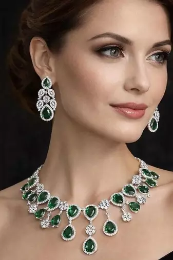 emerald green teardrop bridal jewellery set: crystal cz choker necklace & earrings