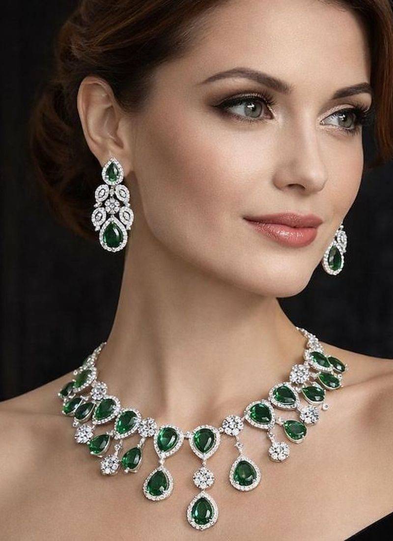 emerald green teardrop bridal jewellery set: crystal cz choker necklace & earrings