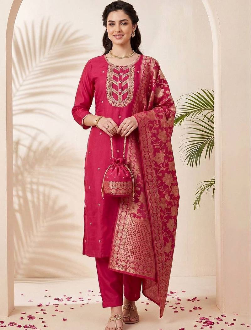 Women Ethnic Motifs Embroidered Regular Kurta with Trousers & With Dupatta