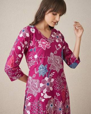 Floral Printed V-Neck Cotton A-Line Kurta With Trouser 1