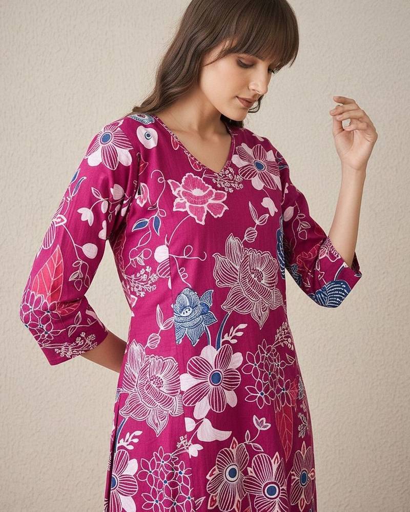 Floral Printed V-Neck Cotton A-Line Kurta With Trouser