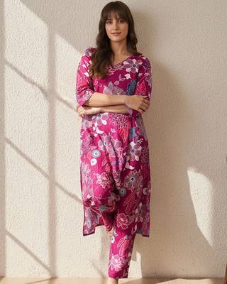 Floral Printed V-Neck Cotton A-Line Kurta With Trouser 2