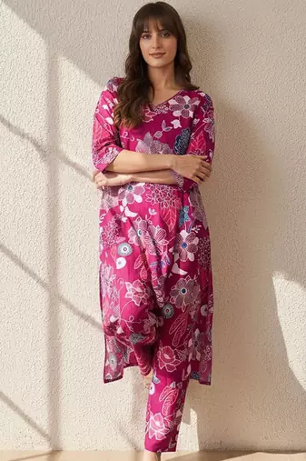 Floral Printed V-Neck Cotton A-Line Kurta With Trouser