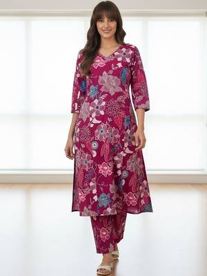 Floral Printed V-Neck Cotton A-Line Kurta With Trouser 3