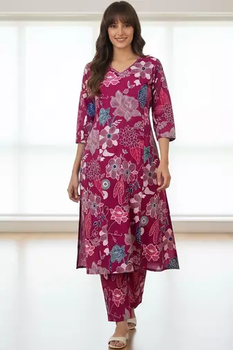 Floral Printed V-Neck Cotton A-Line Kurta With Trouser