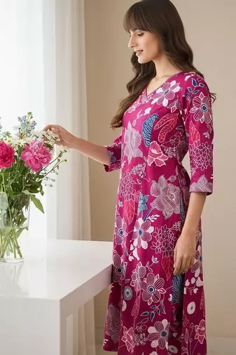 Floral Printed V-Neck Cotton A-Line Kurta With Trouser