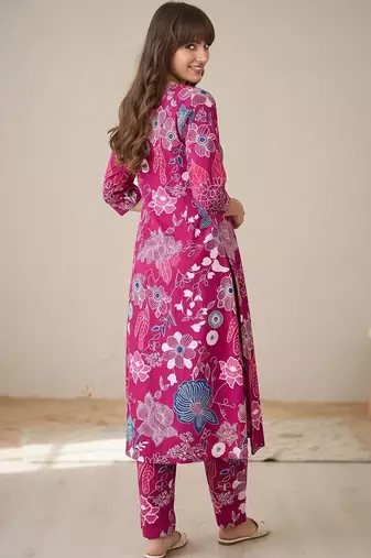 Floral Printed V-Neck Cotton A-Line Kurta With Trouser