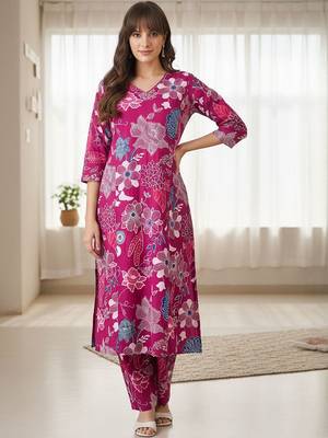 Floral Printed V-Neck Cotton A-Line Kurta With Trouser 7