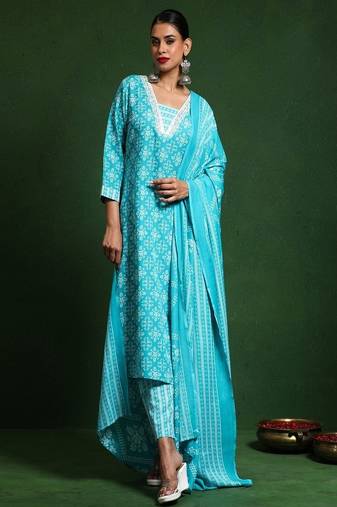 Floral embroidered cotton v neck kurta trouser & dupatta set