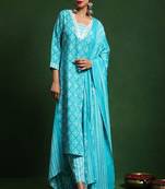 Floral embroidered cotton v neck kurta trouser & dupatta set