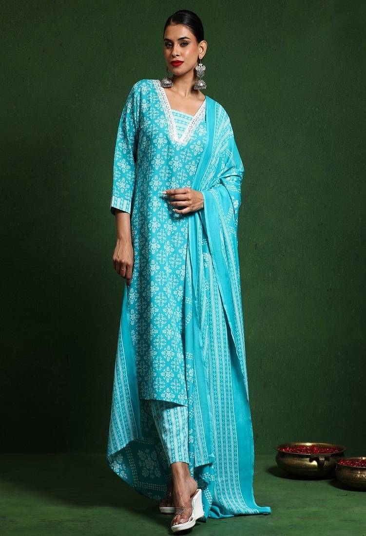 Floral embroidered cotton v neck kurta trouser & dupatta set