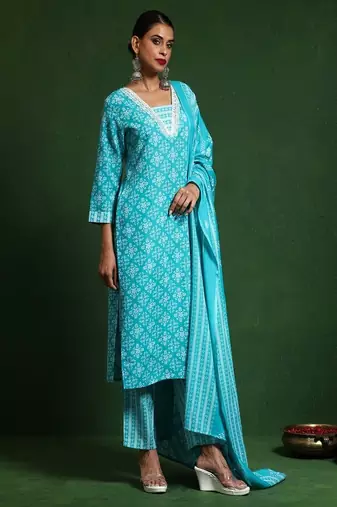 Floral embroidered cotton v neck kurta trouser & dupatta set