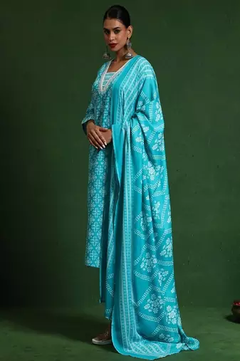 Floral embroidered cotton v neck kurta trouser & dupatta set