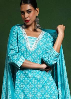 Floral embroidered cotton v neck kurta trouser & dupatta set 4