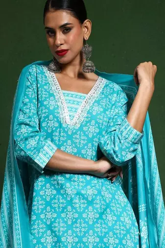 Floral embroidered cotton v neck kurta trouser & dupatta set