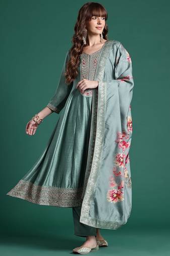 Floral Embroidered Sequinned Kurta With Trousers & Dupatta