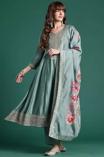 Floral Embroidered Sequinned Kurta With Trousers & Dupatta