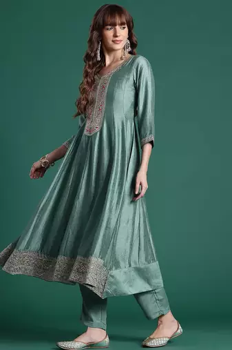 Floral Embroidered Sequinned Kurta With Trousers & Dupatta