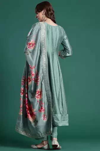 Floral Embroidered Sequinned Kurta With Trousers & Dupatta