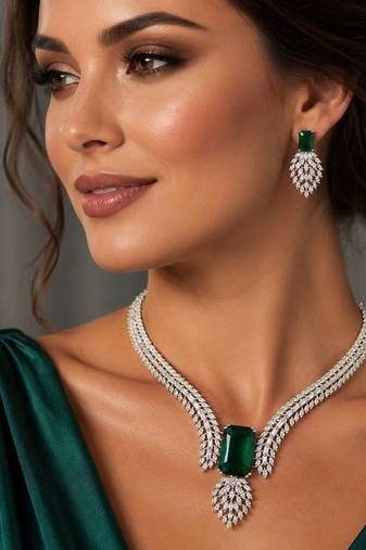 emerald green cz choker necklace earrings set | indian bridal statement jewellery
