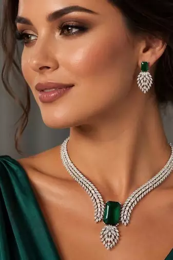 emerald green cz choker necklace earrings set | indian bridal statement jewellery