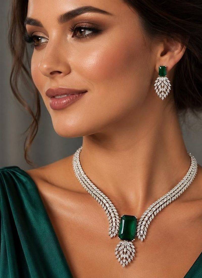 emerald green cz choker necklace earrings set | indian bridal statement jewellery