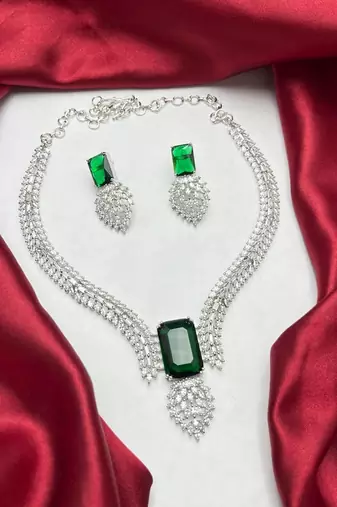 emerald green cz choker necklace earrings set | indian bridal statement jewellery