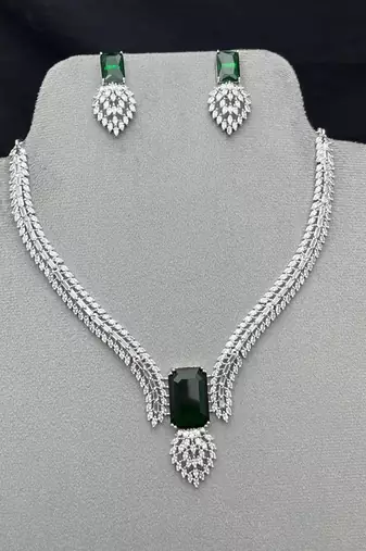 emerald green cz choker necklace earrings set | indian bridal statement jewellery