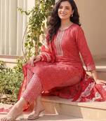 Women Ethnic Motifs Printed Thread Work Cotton Kurta with Trousers & With Dupatta