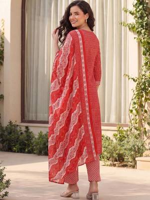 Women Ethnic Motifs Printed Thread Work Cotton Kurta with Trousers & With Dupatta 5