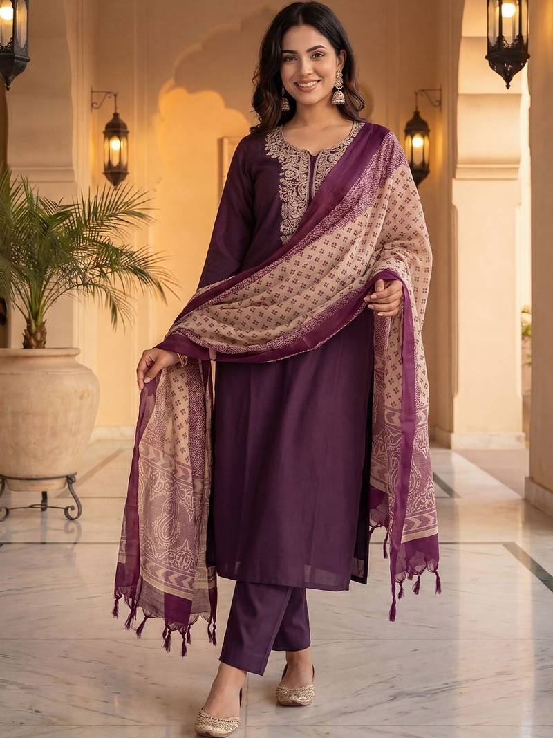 Women Ethnic Motifs Embroidered Thread Work Kurta with Trousers & With Dupatta