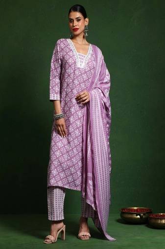 Floral embroidered cotton v neck kurta trouser & dupatta set