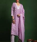 Floral embroidered cotton v neck kurta trouser & dupatta set