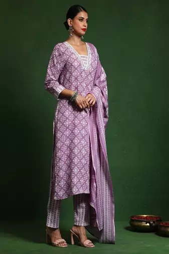 Floral embroidered cotton v neck kurta trouser & dupatta set