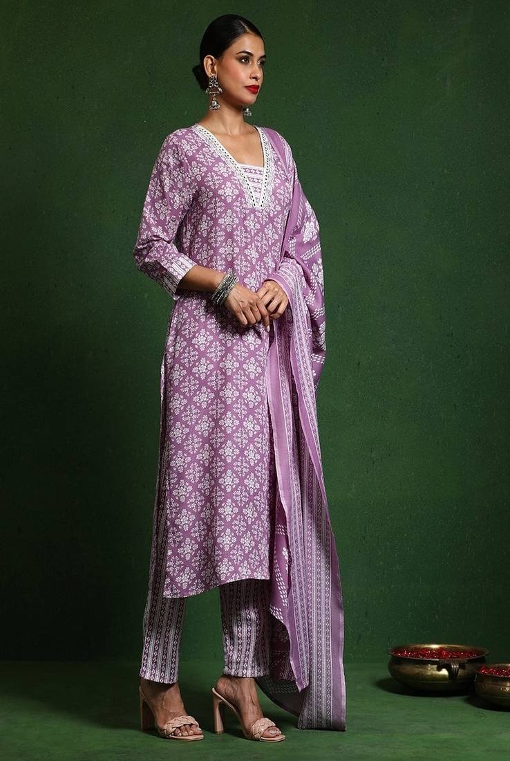 Floral embroidered cotton v neck kurta trouser & dupatta set