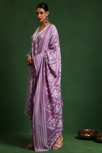 Floral embroidered cotton v neck kurta trouser & dupatta set
